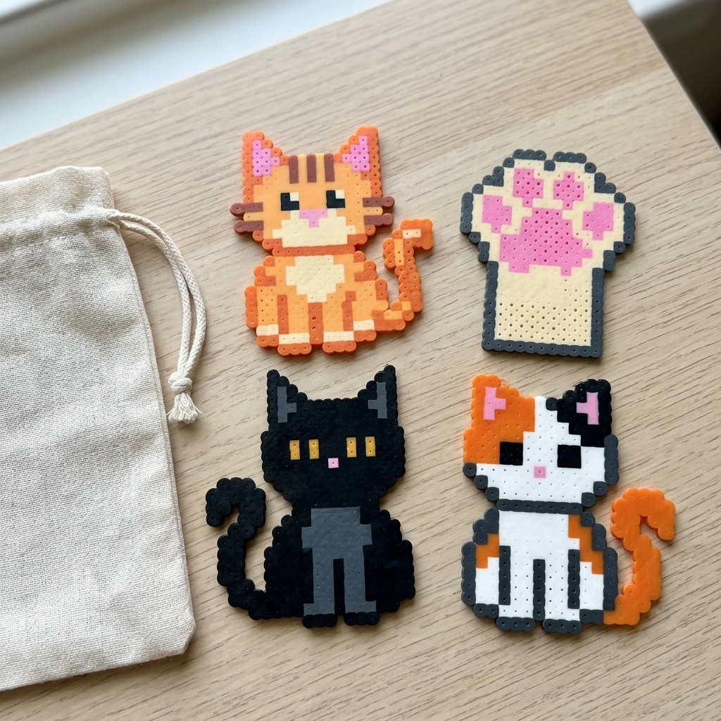 Cat bead projects on a craft table