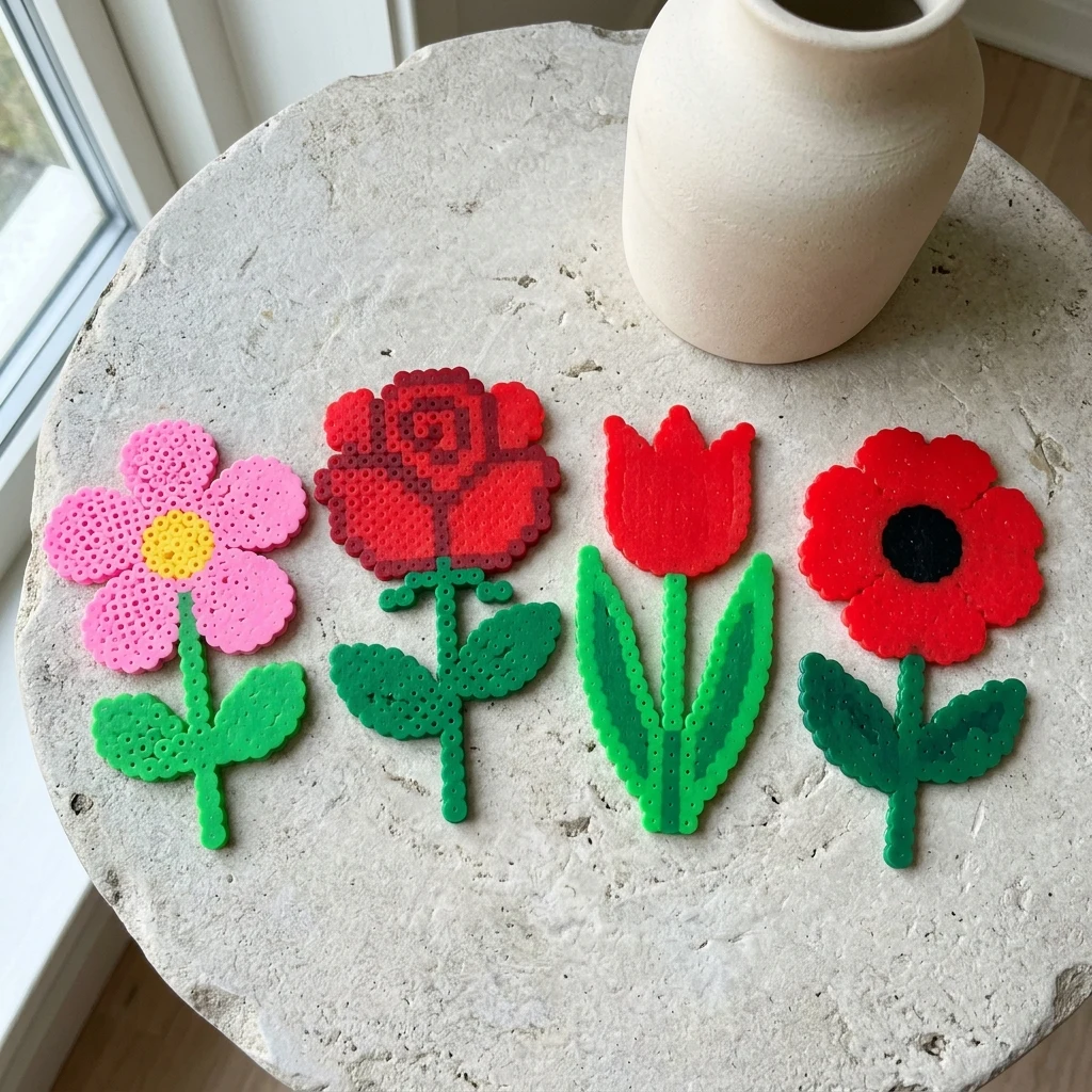 Flower bead projects on a craft table