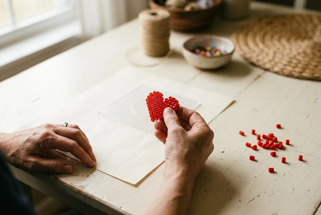 An adult checks a cooled heart bead project