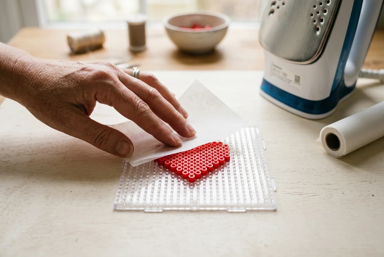 An adult prepares paper and a heart bead project for ironing