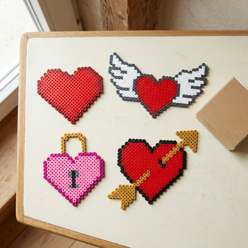 Heart bead projects on a craft table