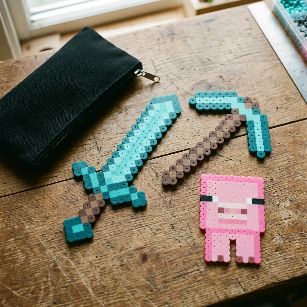 Blocky bead projects on a craft table