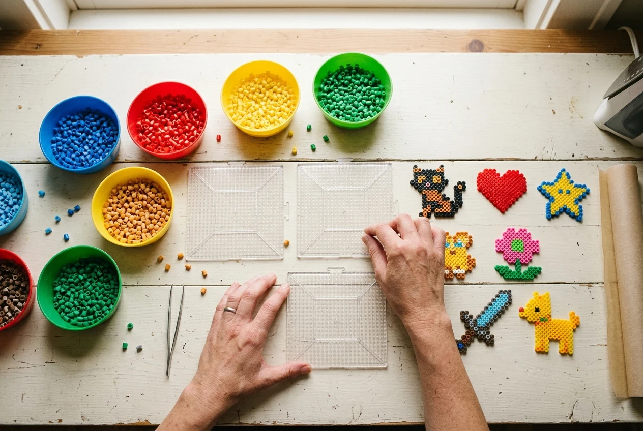 Bead projects, bowls of beads and pegboards on a craft table