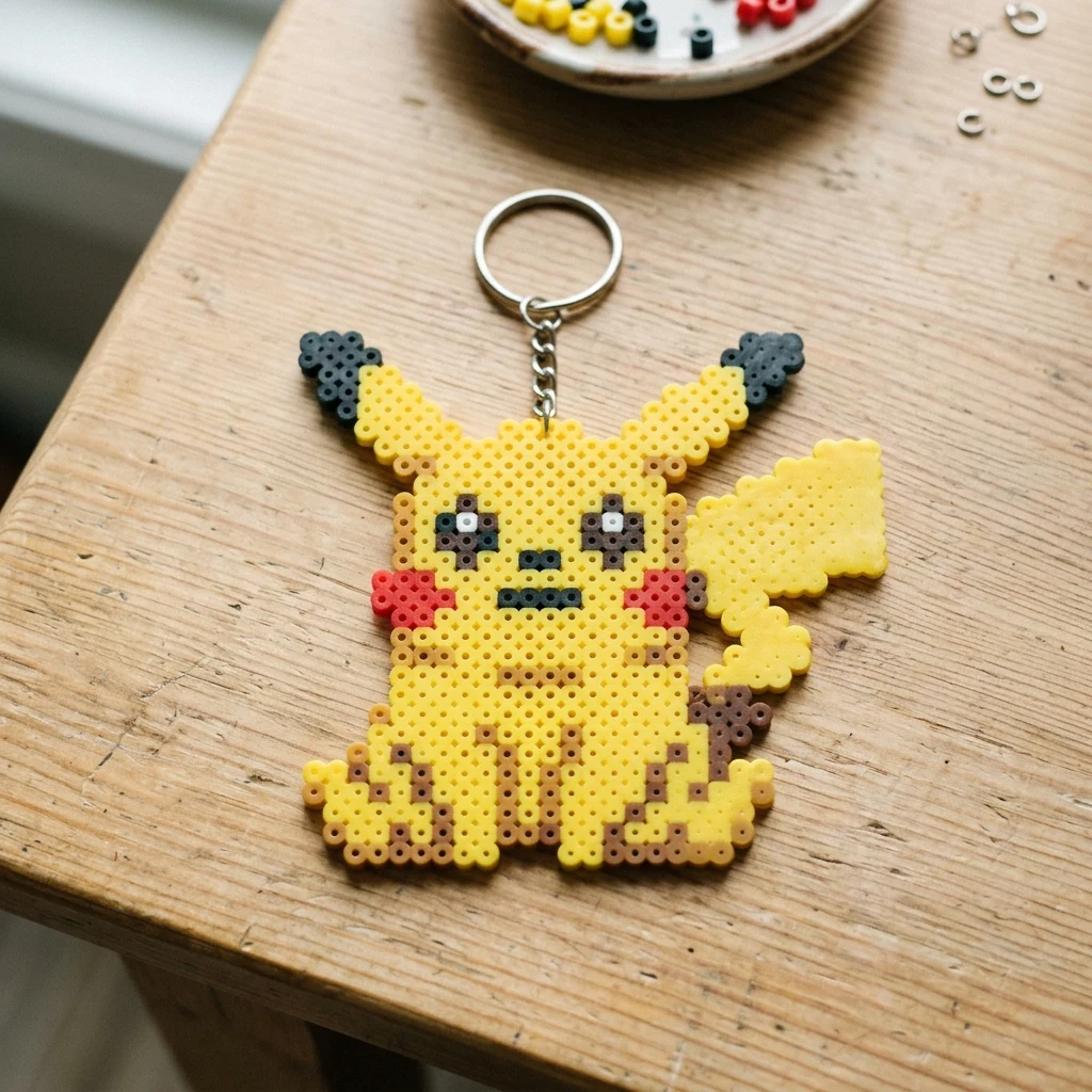 Yellow character bead project on a craft table