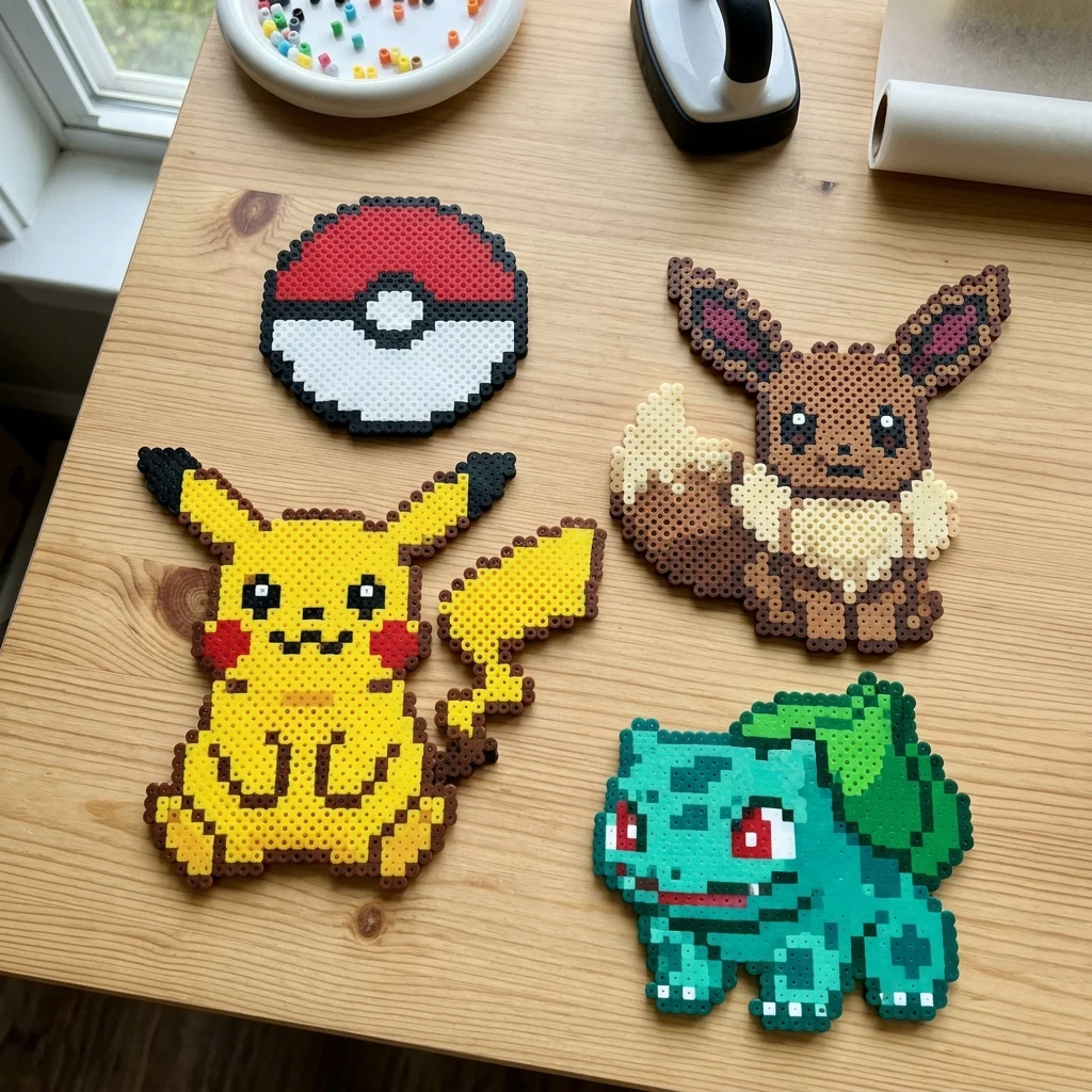 Character bead projects on a craft table