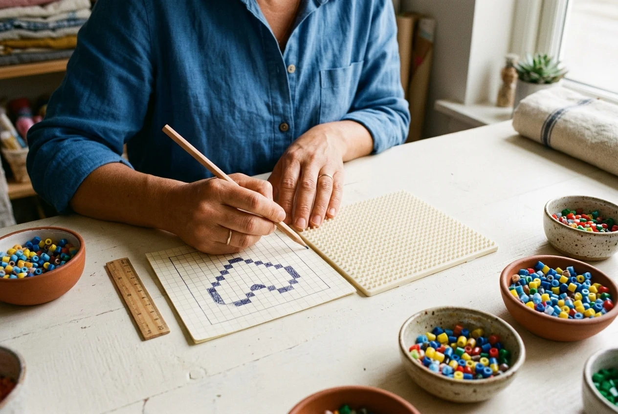 Paper grid, ruler and empty pegboard on a craft table