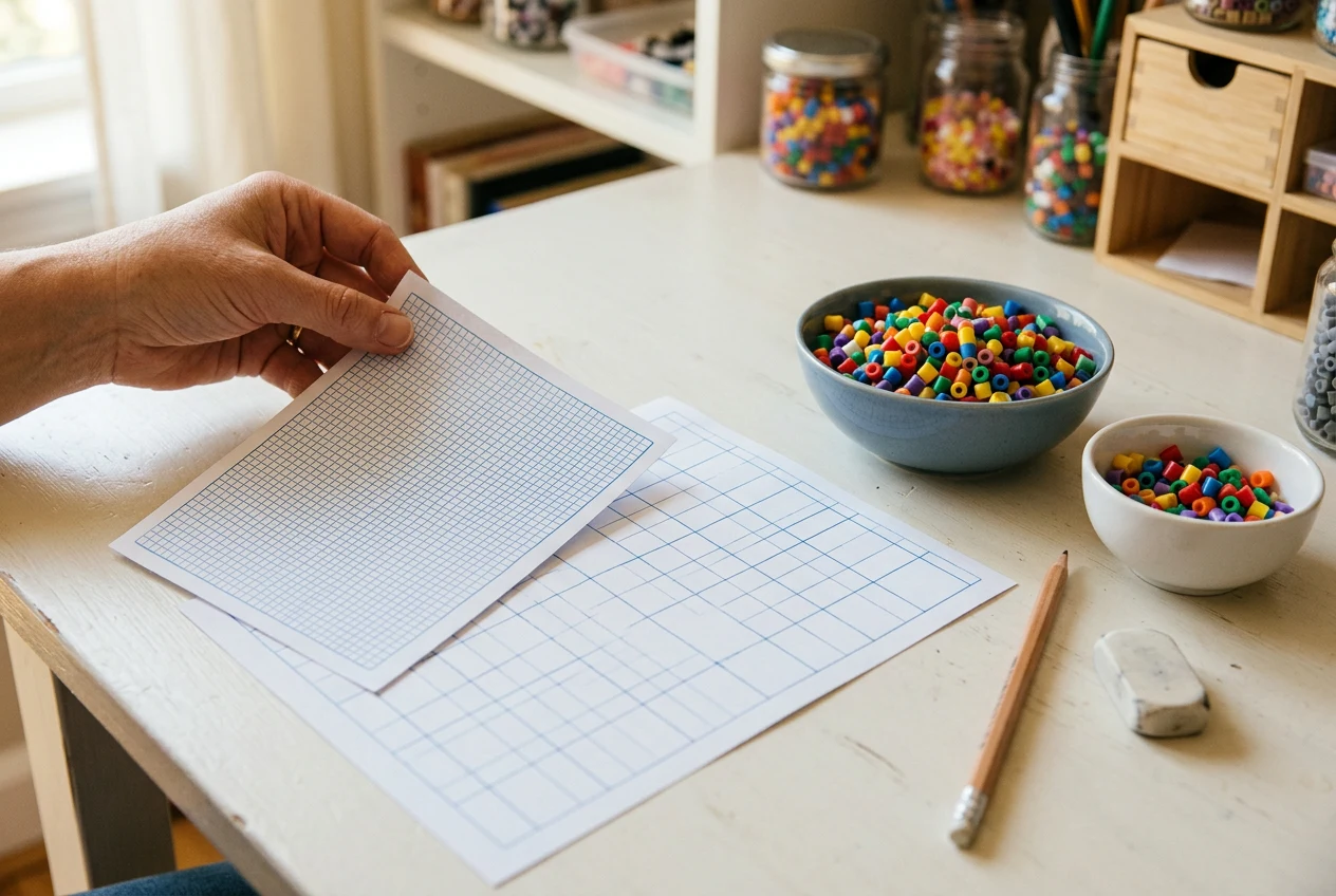 Empty paper grids and drawing supplies on a craft table